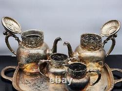 1875 Derby Silver Co. Floral Pattern No. 1650 Coffee Tea Set 5 Piece Excellent