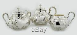1893 Dominick & Haff Sterling Silver Vermeil Repousse Floral 3 Piece Tea Set