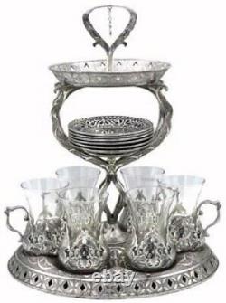 19 Pc Ottoman Style Turkish Tea Set 6 with Tower Style Tray Stand (Antique Silver)