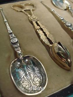 1910 Sterling solid silver Gilt 925 Victorian Anointing tea spoon & tong box set