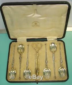1910 Sterling solid silver Gilt 925 Victorian Anointing tea spoon & tong box set