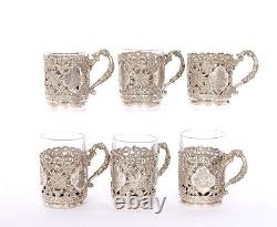 1930's Set of 6 Persian Solid Silver 397 Gram Tea Coffee Glass Cup Holder Figure