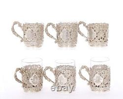 1930's Set of 6 Persian Solid Silver 397 Gram Tea Coffee Glass Cup Holder Figure