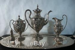 19th Century Kirk & Sons sterling silver Repousse tea service set. 8pc and tray