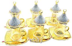 24 Pcs Turkish Tea Glasses Saucers Spoons Lids Set, Decorated with Crystals, Gold