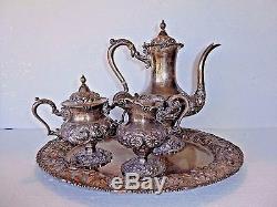 4 Piece Stieff Repousse Sterling Silver Rose Tea Set Hand Chased w Rose Tray