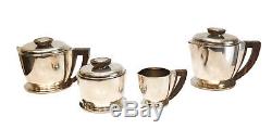 4pc Jean Puiforcat Sterling Silver Wood Art Deco Coffee & Tea Service Set c1920
