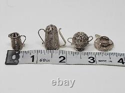 (5) Piece Silver Filigree Miniature Tea Set 800 AG 46.5g Antique