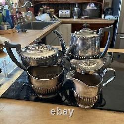 5 pc set English fluted silver plate tea/coffee set, antique, orig wooden handles