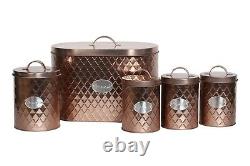5pc-Kitchen Set Bread Bin Tea Coffee Sugar Biscuit Tins, Barrel Sealed Containers