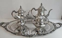 5pc MUSEUM QUALITY WALLACE GRANDE BAROQUE STERLING COFFEE / TEA SET + TRAY GRAND