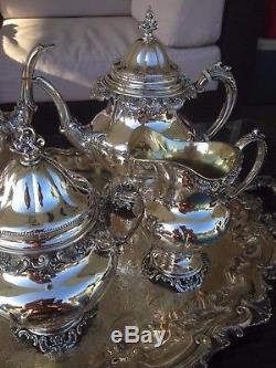 6 Pc Clean Heavy Wallace Grande Baroque Sterling Coffee / Tea Set Matching Tray