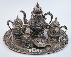 6 Piece Tea-Coffee Sterling Silver Service Set, Indian Stamped Repousse, 4273 Gr