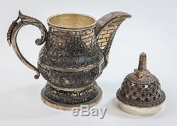 6 Piece Tea-Coffee Sterling Silver Service Set, Indian Stamped Repousse, 4273 Gr