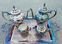 8Pcs William Rogers Silver Plated Tea Coffee Set with Large Tray