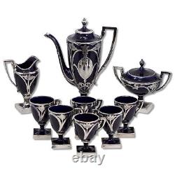 9pc Set Lenox Art Nouveau Silver Overlay Cobalt Blue Porcelain Tea Pot Cups 1906