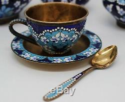 A Lovely Russian 20th Century Solid Silver Enameled Coffee Or Tea Set -22 Pieces