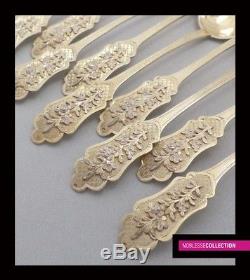 ANTIQUE 1850s FRENCH STERLING/SOLID SILVER 18k GOLD VERMEIL TEA SPOONS SET 12 pc