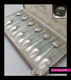 ANTIQUE 1880s FRENCH STERLING SILVER TEA COFFEE SPOONS SET 12 pc Rococo st. 298g