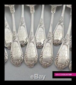 ANTIQUE 1880s FRENCH STERLING SILVER TEA COFFEE SPOONS SET 12 pc Rococo st. 298g