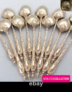 ANTIQUE 1880s FRENCH STERLING/SOLID SILVER VERMEIL COFFEE/TEA SPOONS SET 12 pc