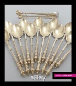 ANTIQUE 1880s FRENCH STERLING/SOLID SILVER & VERMEIL COFFEE/TEA SPOONS SET 13 pc