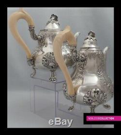 ANTIQUE 1890s FRENCH STERLING SILVER TEA COFFEE POT SUGAR BOWL CREAMER SET 2.2Kg