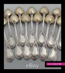 ANTIQUE 1900s FRENCH STERLING/SOLID SILVER & VERMEIL COFFEE/TEA SPOONS SET 12pc
