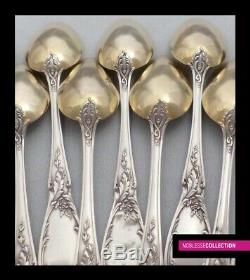 ANTIQUE 1900s FRENCH STERLING/SOLID SILVER & VERMEIL COFFEE/TEA SPOONS SET 12pc