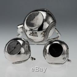 ANTIQUE 19thC CHINESE EXPORT SOLID SILVER 3 PS DRAGON TEA SET, WING CHEONG c1890