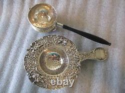 ANTIQUE STERLING SILVER TEA STRAINER SET (2) -REPOUSSE DESIGN-WOOD HANDLE withBASE