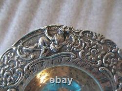 ANTIQUE STERLING SILVER TEA STRAINER SET (2) -REPOUSSE DESIGN-WOOD HANDLE withBASE