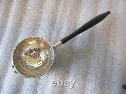 ANTIQUE STERLING SILVER TEA STRAINER SET (2) -REPOUSSE DESIGN-WOOD HANDLE withBASE