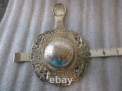 ANTIQUE STERLING SILVER TEA STRAINER SET (2) -REPOUSSE DESIGN-WOOD HANDLE withBASE