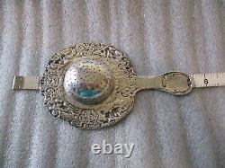 ANTIQUE STERLING SILVER TEA STRAINER SET (2) -REPOUSSE DESIGN-WOOD HANDLE withBASE