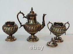 ANTIQUE Silver Plate Ornate 3 Piece Tea Set Teapot / Sugar Bowl / Waste Bowl
