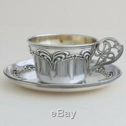 ART NOUVEAU Antique French Sterling Silver Tea Coffee Cup & Saucer Set Gold Gilt