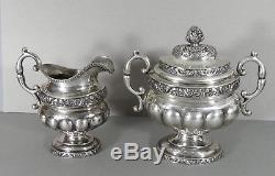 American Coin Silver TEA SET 4 Piece Teapot Creamer Sugar Bowl Antique c1830