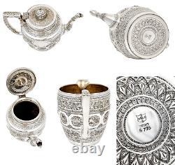 Anglo-Indian Raj 12 signs of the Zodiac embossed tea set with bird claw tongs