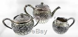 Antique 1890 Gorham Sterling Silver Floral Repousse Coffee Tea Set Of 3 Mono