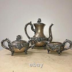 Antique 3 Pieces Set Silver on Copper Tea/Coffee Serving Set, Creamer, Sugar Bowl