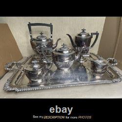 Antique 6pc Cheltenham England Silver Plate Tea Set with Tray Half Ribbed