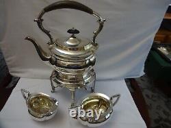 Antique Art Deco Silver Plated EPNS Spirit Kettle Tea Set, Milk Jug, Sugar Bowl