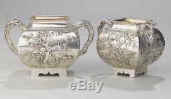 Antique Chinese China Export Silver Tea Set Wang Hing Pot Bowl Creamer 1880