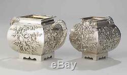 Antique Chinese China Export Silver Tea Set Wang Hing Pot Bowl Creamer 1880