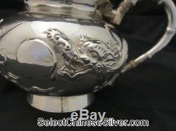 Antique Chinese Export Solid Silver Tea Set, 4 Claw Dragons, Po Cheng, c1900