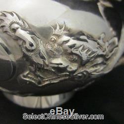 Antique Chinese Export Solid Silver Tea Set, 4 Claw Dragons, Po Cheng, c1900