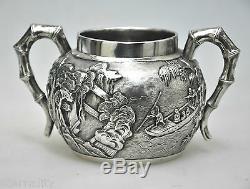 Antique Chinese Export Solid Silver Wang Hing Sugar Bowl Teaset China Qing 1880