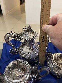 Antique Chinese Silver Tea Set C1870s Wang Hing Magnificent Dragons Not Scrap