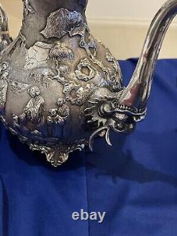 Antique Chinese Silver Tea Set C1870s Wang Hing Magnificent Dragons Not Scrap